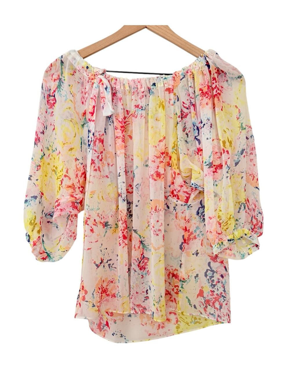CAbi Sheer Floral Peasant Blouse‎ S Top Elastic Neck Tie Boho Spring Cottagecore